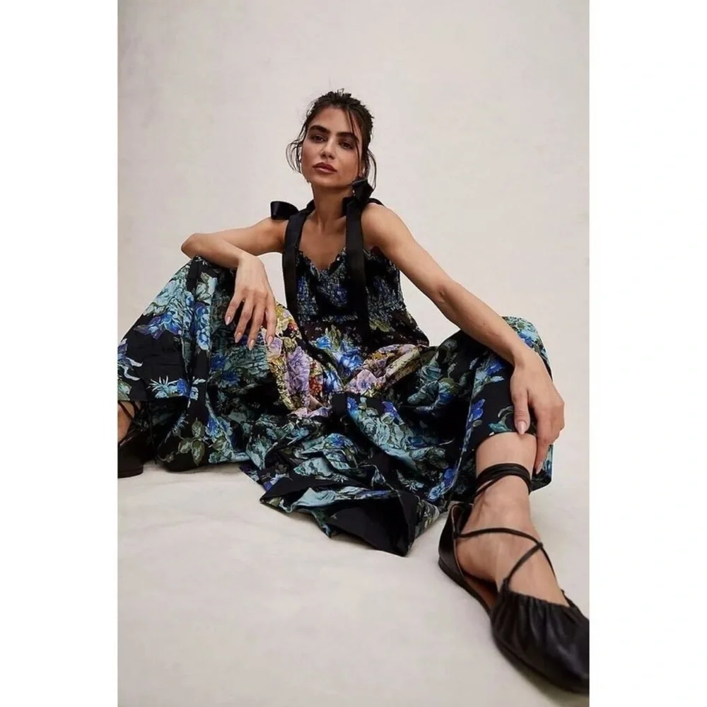 Free People Bluebell Boho Maxi Dress Ribbon Straps Floral Cool Combo - Picture 5 of 16
